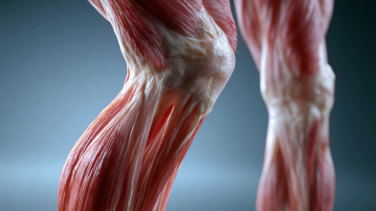 Una visualizzazione dettagliata della struttura muscolare umana attorno all'articolazione del ginocchio, che mostra la complessità e le intricatezze dell'anatomia muscolare in movimento.