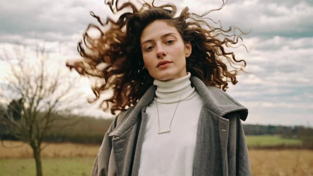 A video still of a woman with curly hair in a field, captured from a low angle