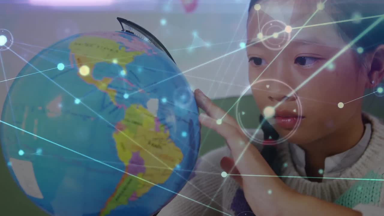 아시아 소녀가 학교에서 글로브 모델을 만지는 연결 네트워크의 애니메이션
