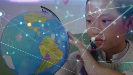 Animation-of-network-of-connections-over-asian-girl-touching-a-globe-model-at-school