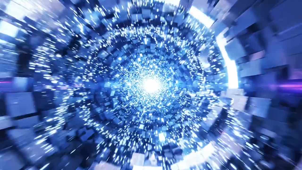 Exploring a Digital Cosmos: A Journey Through a Hypnotic Swirl of Bright Blue Light and Geometric Shapes in a Dynamic Visual Space