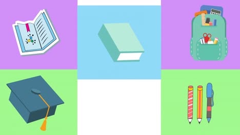 animación de rectángulos coloridos con suministros escolares que se mueven sobre un fondo blanco