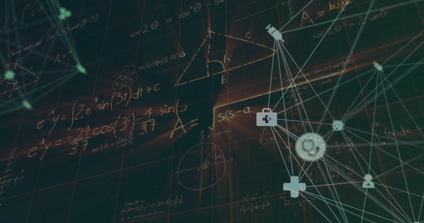 Animation of network of connections and data processing over dark background