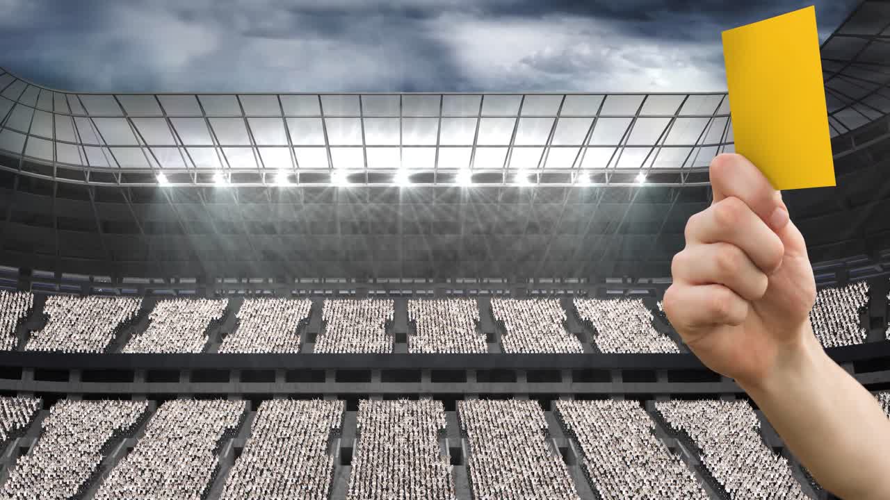 animación de un árbitro sosteniendo una tarjeta de penalización amarilla sobre un estadio deportivo