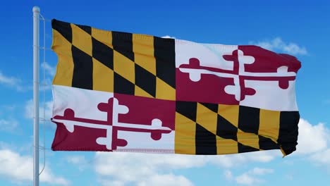 maryland flag on a flagpole waving in the wind, blue sky background. 4k