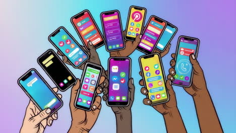 diverse hands holding smartphones displaying various social media and communication apps