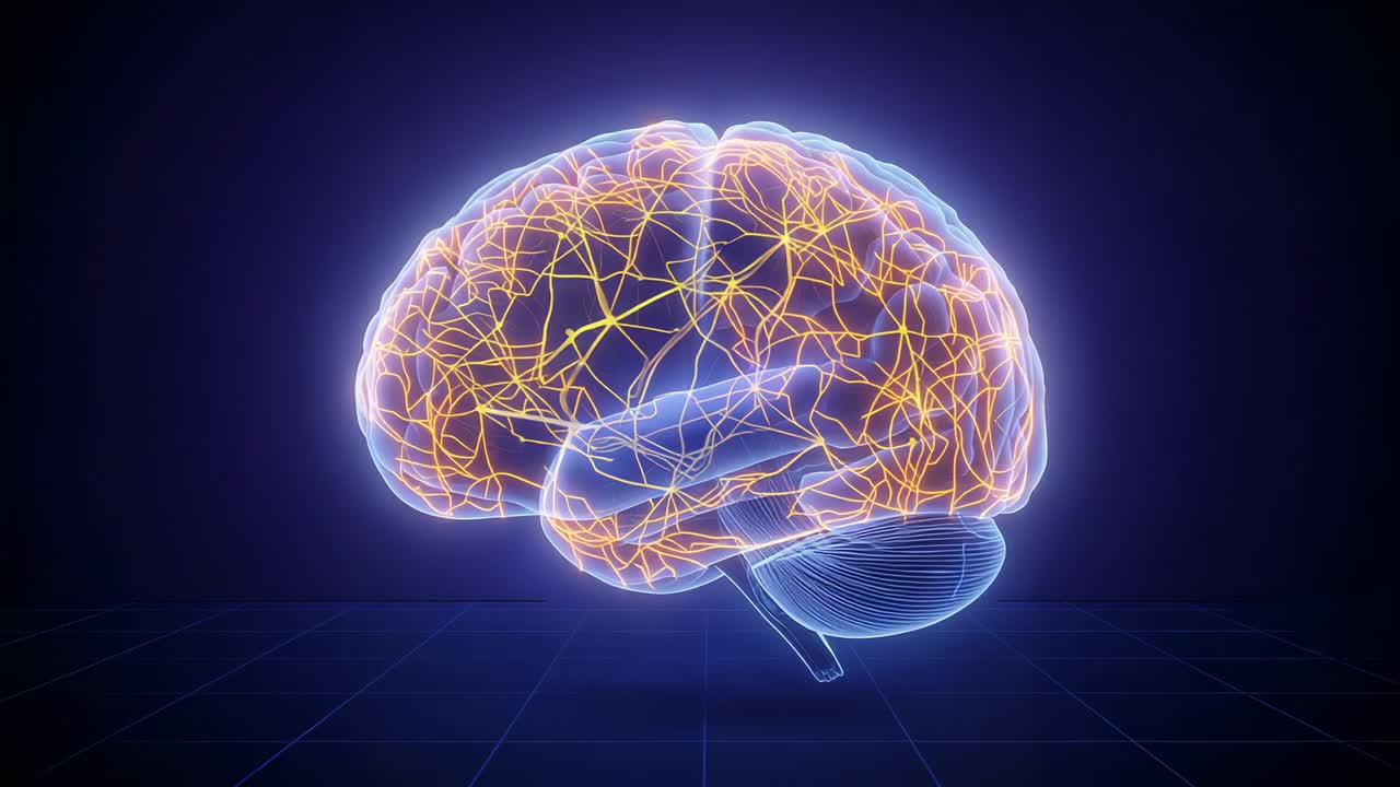 Animating 3D brain hologram on start, pulsing neural lines and nodes, visualizing flow in VR lab