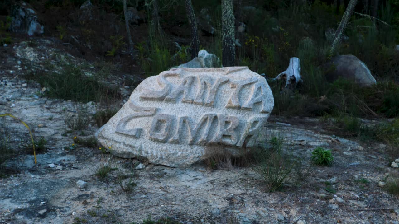 Engraved stone with 'SANTA COMBA' at Naves Monastery, Ourense Spain