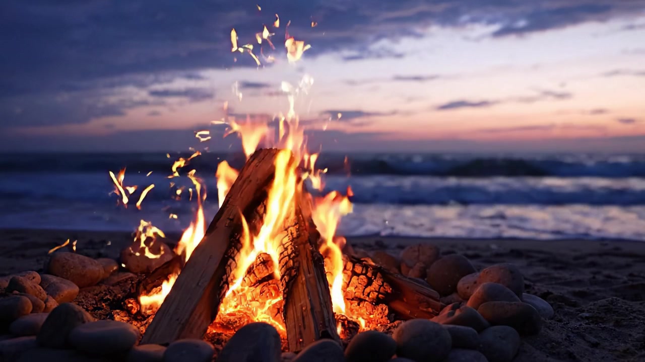 Una scena accogliente di falò in spiaggia al tramonto: fiamme tremolanti che illuminano le pietre contro uno sfondo sereno dell'oceano.