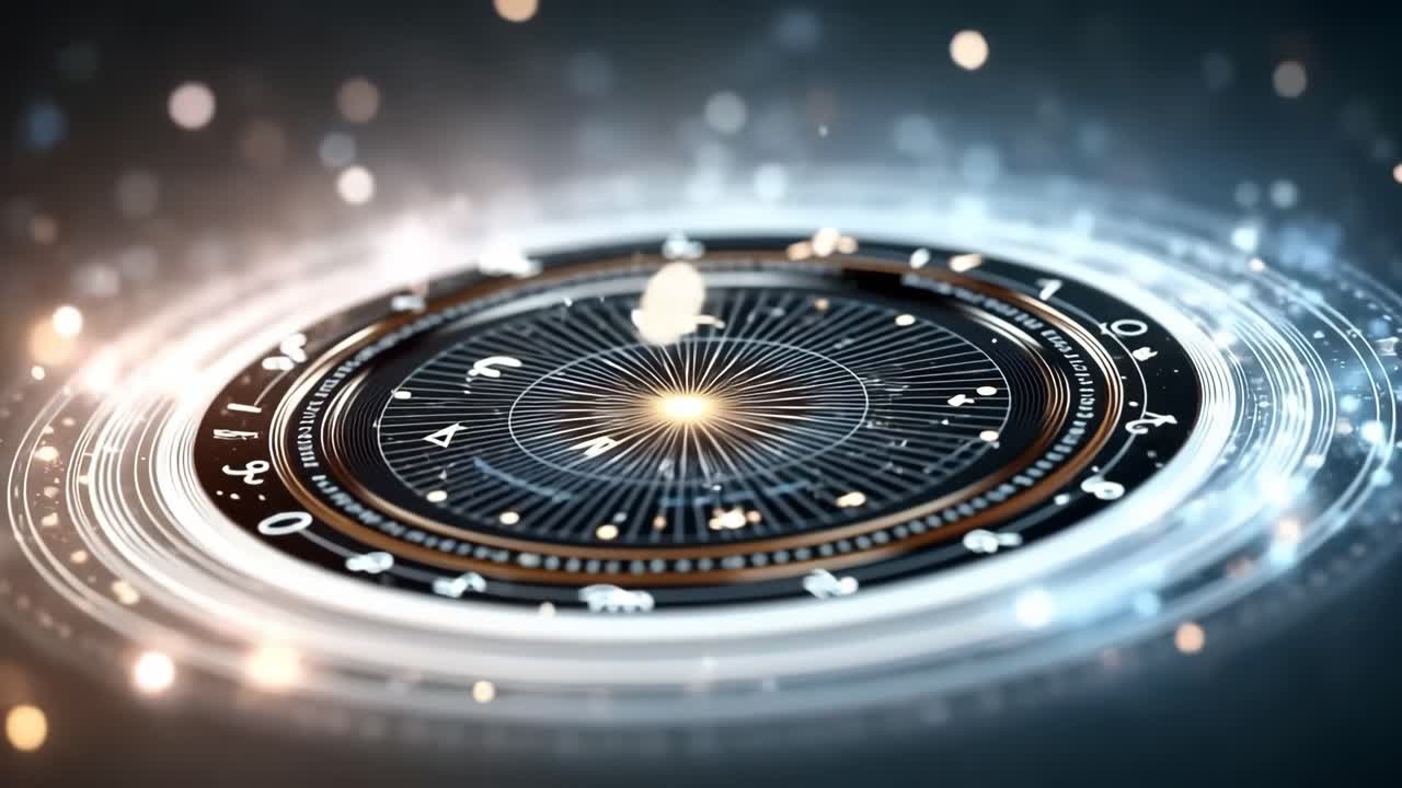 Zodiac time cosmic clock. A cosmic clock shows zodiac signs and celestial details, radiating a mystical glow.