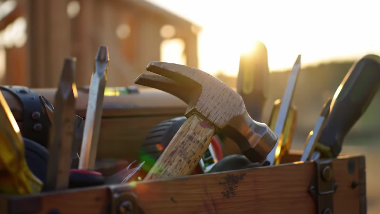 Craftspeople work on constructing a wooden structure as the sun sets, casting a warm glow on a variety of tools inside a toolbox nearby.