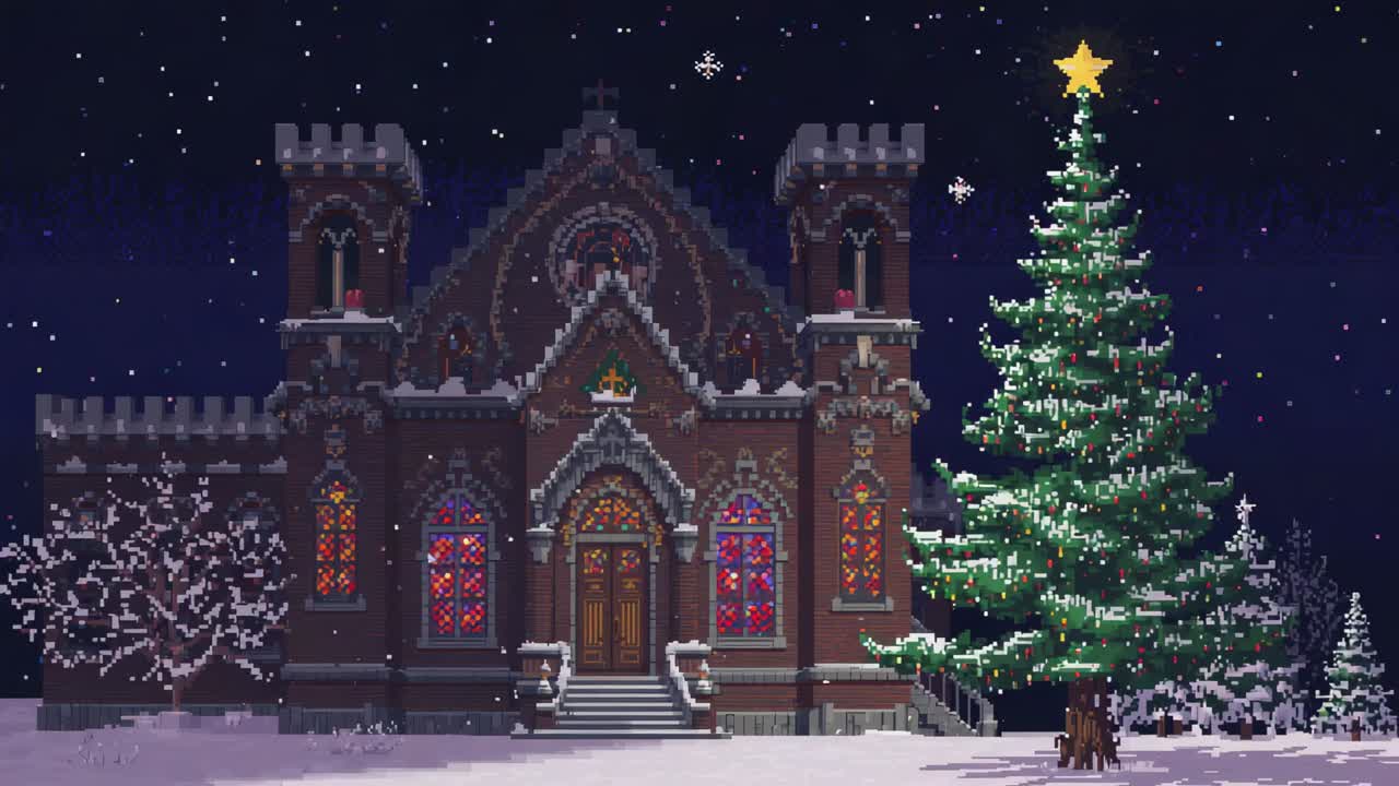 Falling snowflakes dusting Gothic brick church in yard, stained windows and Christmas tree glowing