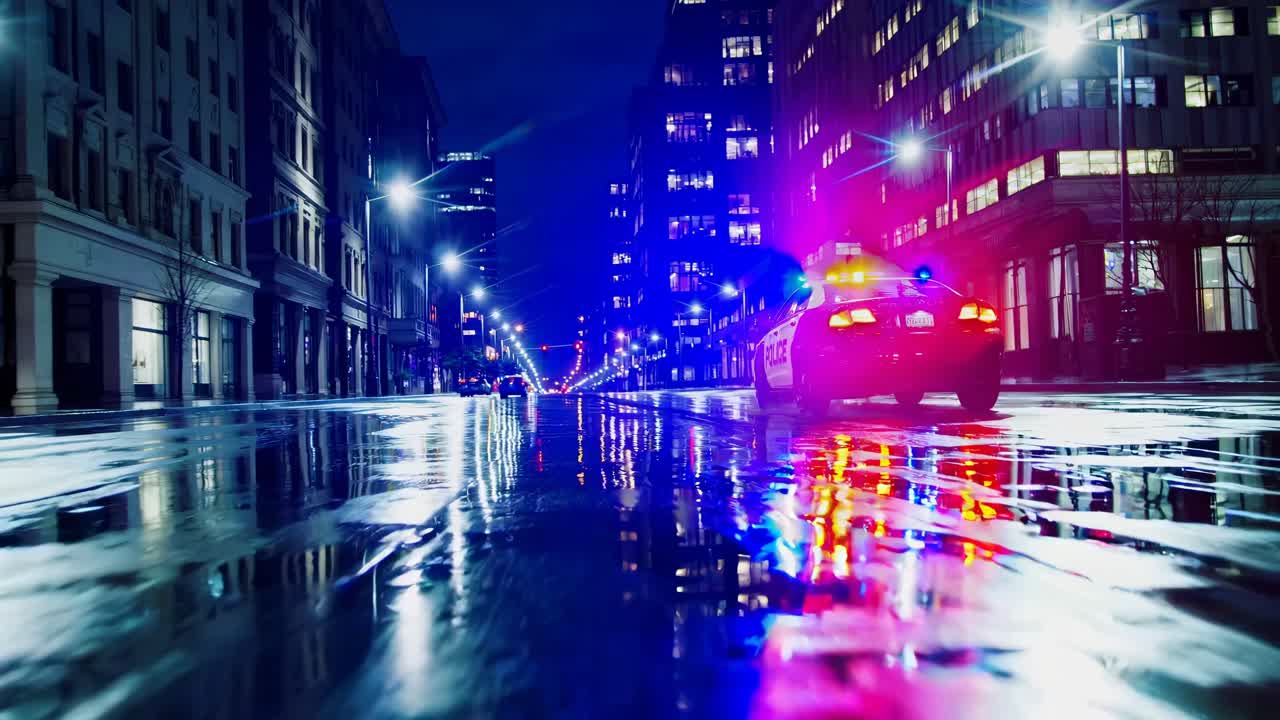 Nighttime cityscape with a low-angle view of a police car on a wet street, capturing a cinematic