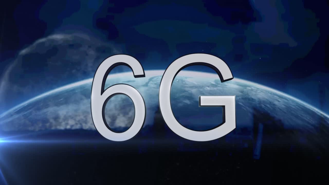 animación de texto de 6g sobre el globo y el paisaje urbano sobre fondo azul
