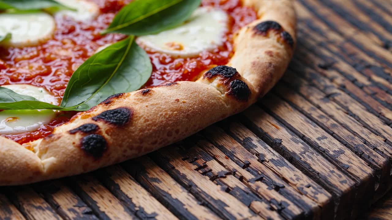 Video ravvicinato di una pizza rustica con basilico fresco, formaggio e crosta bruciacchiata su un tavolo di legno.