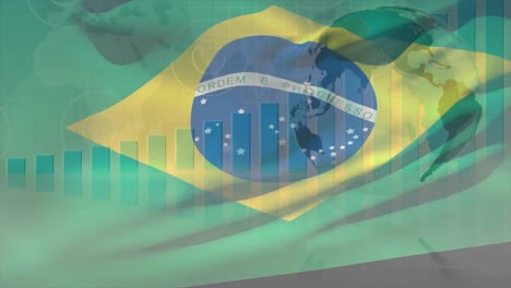 animation of moving flag of brazil over data processing and globe