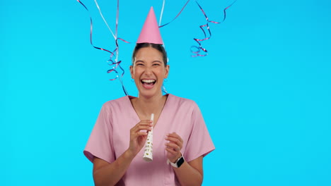 Birthday,-funny-and-balloons-with-a-nurse-woman