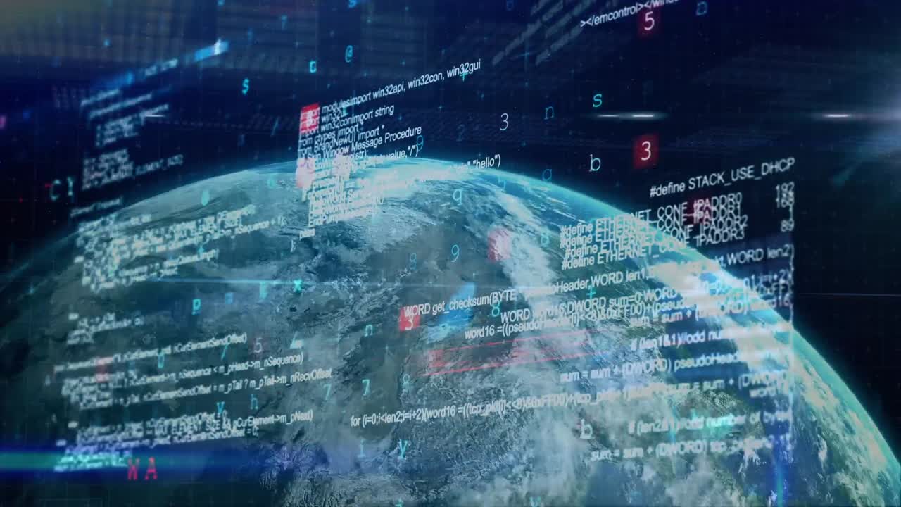 Animation of cyber attack warning over data processing and globe on black background