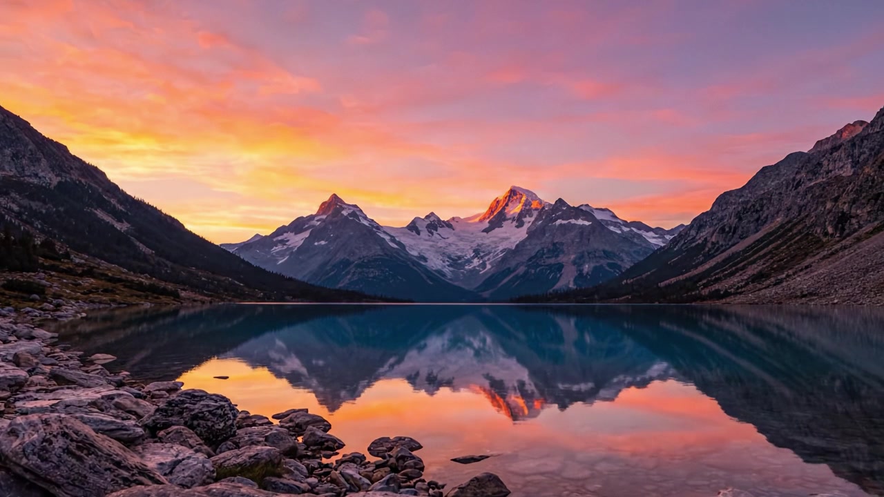 Breathtaking Sunrise Over Majestic Mountains Reflected in Calm Lake, Capturing the Beauty of Nature's Palette in Vibrant Colors and Serene Scenery