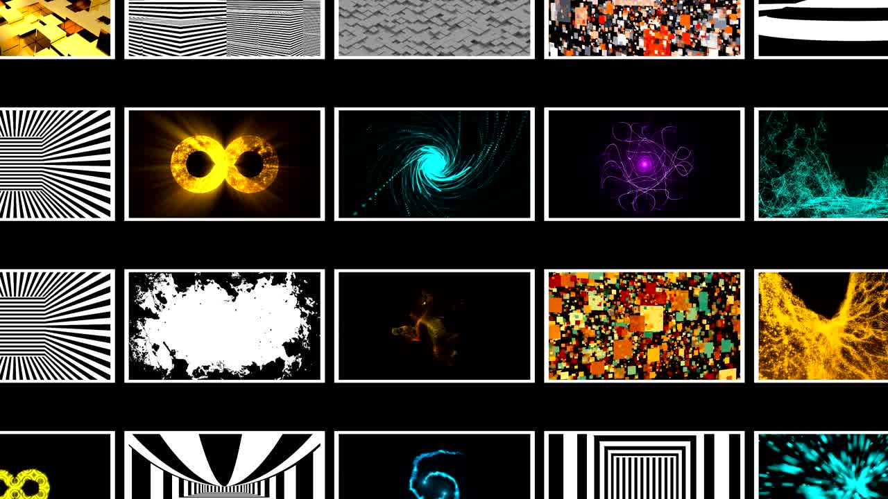 많은 다른 밝은 추상 벽지 검은 공간, 3d 렌더링