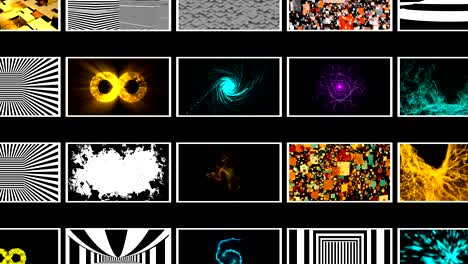 muchos diferentes papeles de pared abstractos brillantes en el espacio negro, renderización 3d