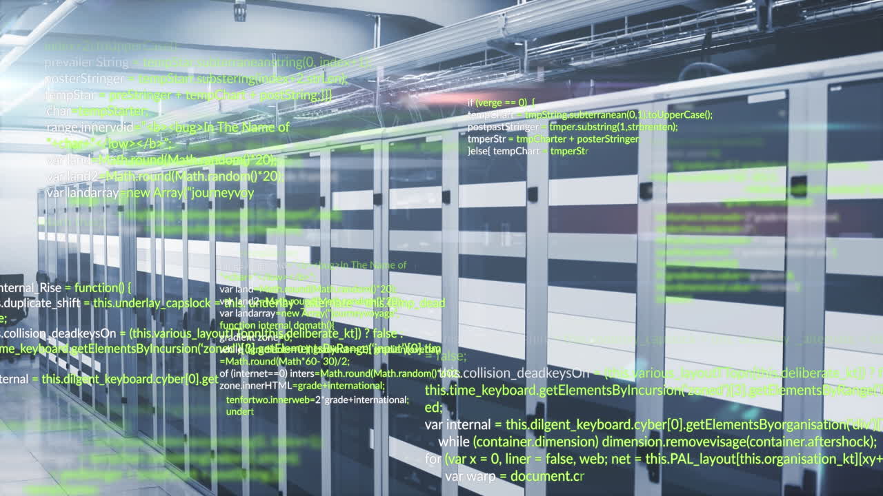 Animation of data processing against light trails over computer server room