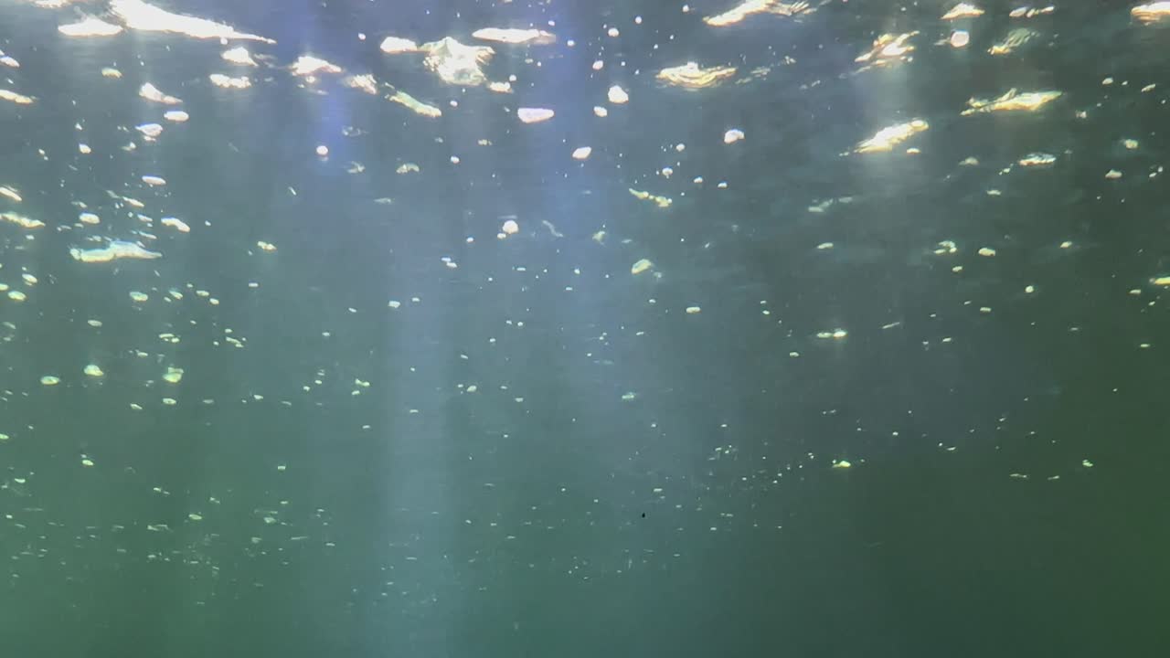 Underwater view with floating air bubbles and sun rays penetrating green water. Natural aquatic background showing water surface and light beams. Ocean and sea atmosphere concept for design