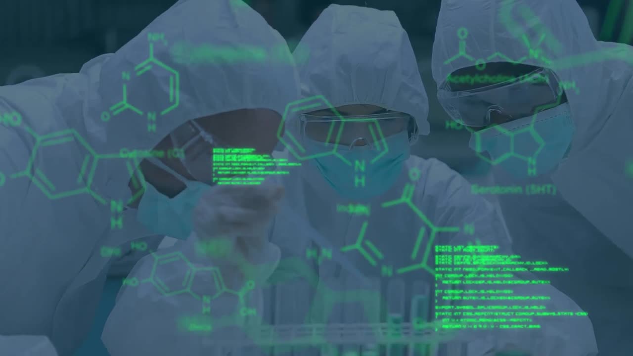 실험실에서 다양한 과학자들에 대한 분자 애니메이션과 데이터 처리