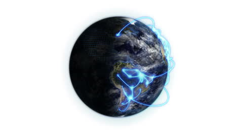 animated earth with blue networks and clouds, image by nasa.org on white background.