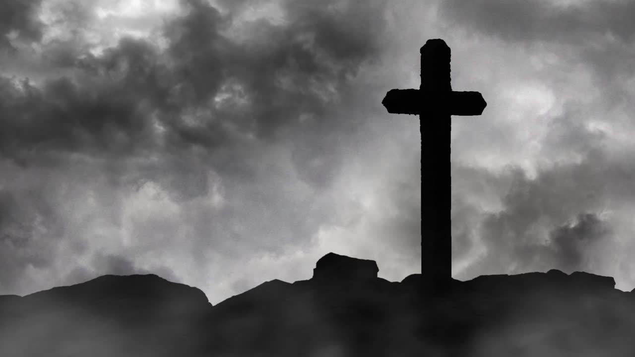 산과 천둥을  ⁇ 고 있는 큰 십자가