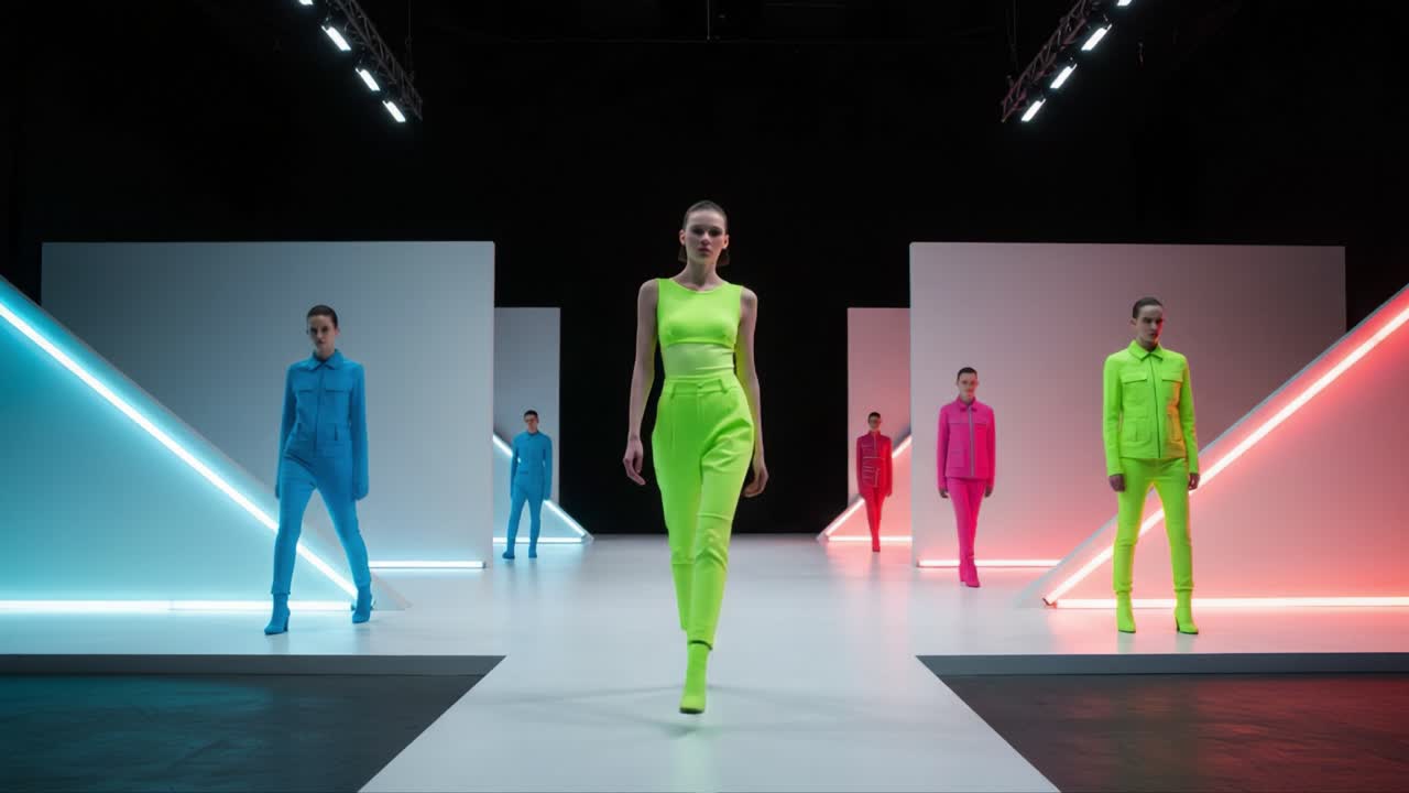 Vibrant Fashion Showcase: Models Strut in Eye-Catching Neon Attire Amidst Minimalistic Stage Lighting and Geometric Backdrops in a Cutting-Edge Runway Environment