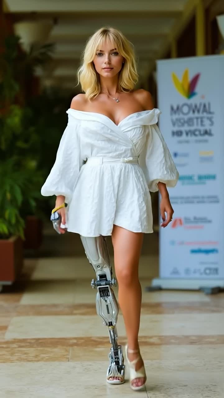 Beautiful blonde woman with advanced prosthetic leg walking in elegant white dress at event