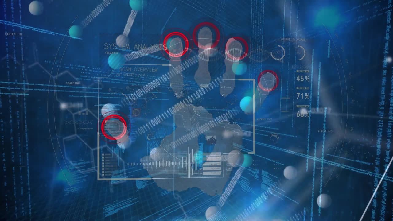 손 바이오닉 보안 시스템, dna 및 공식의 애니메이션은 파란 공간에서 데이터 처리를 통해