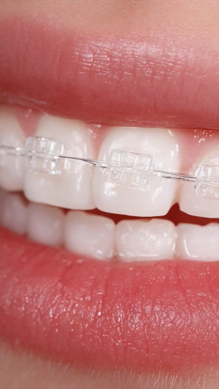 Close-Up of Teeth with Clear Braces: Showcasing Orthodontic Treatment and Dental Care for a Straight and Beautiful Smile