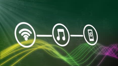 animación de una red de iconos digitales y iconos digitales de neón contra un punto de luz sobre un fondo verde.