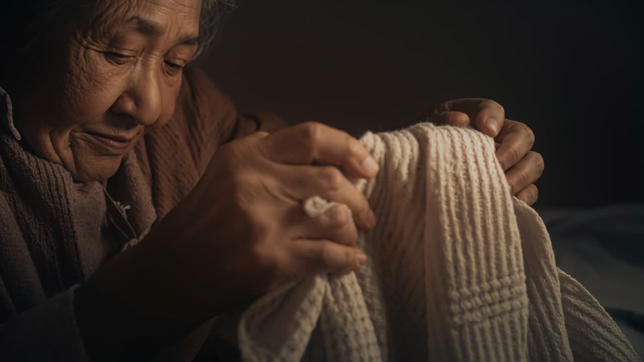 Bringing cream knit close, woman in brown sweater checking seams with wrapped-fingers at home