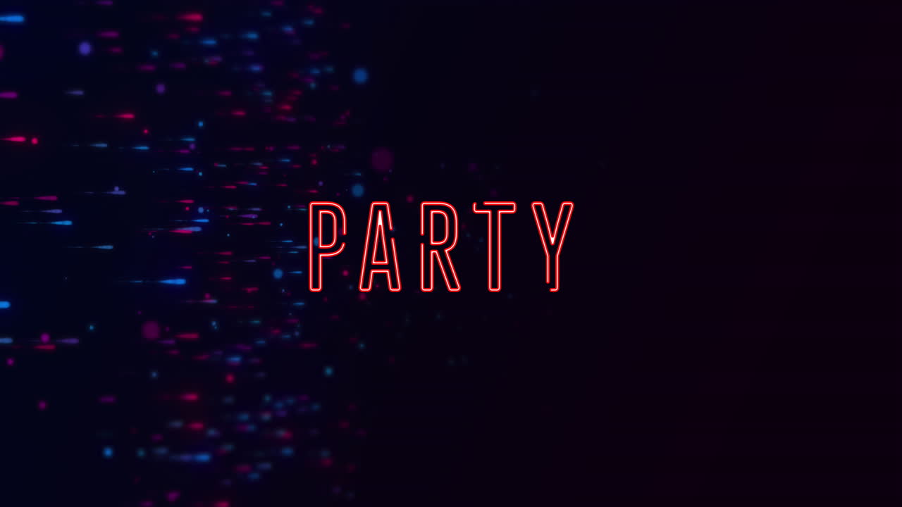 Animation of party text banner over glowing blue and pink particles against black background