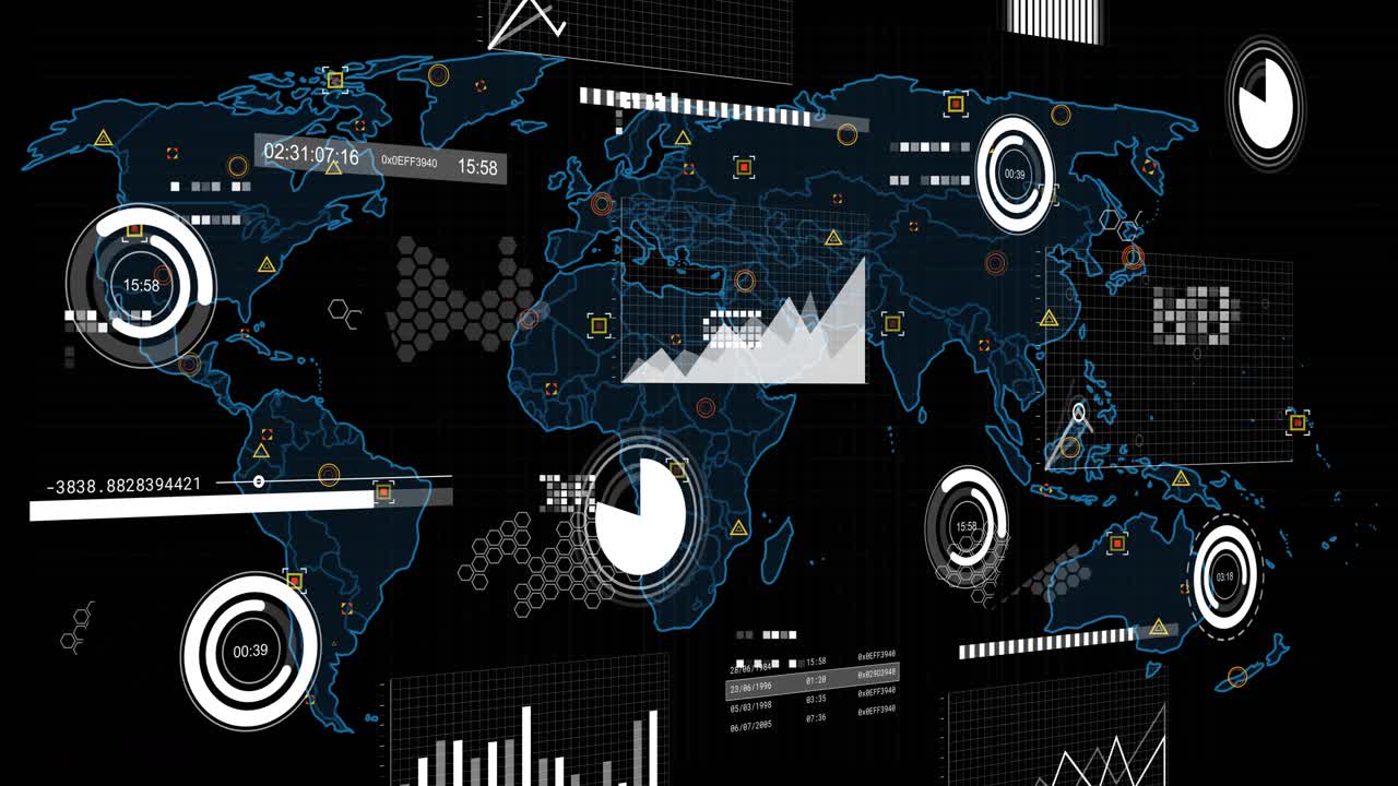Animation of financial data processing over world map