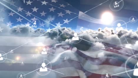 animation of network of profile icons over clouds and sun in the sky against waving american flag