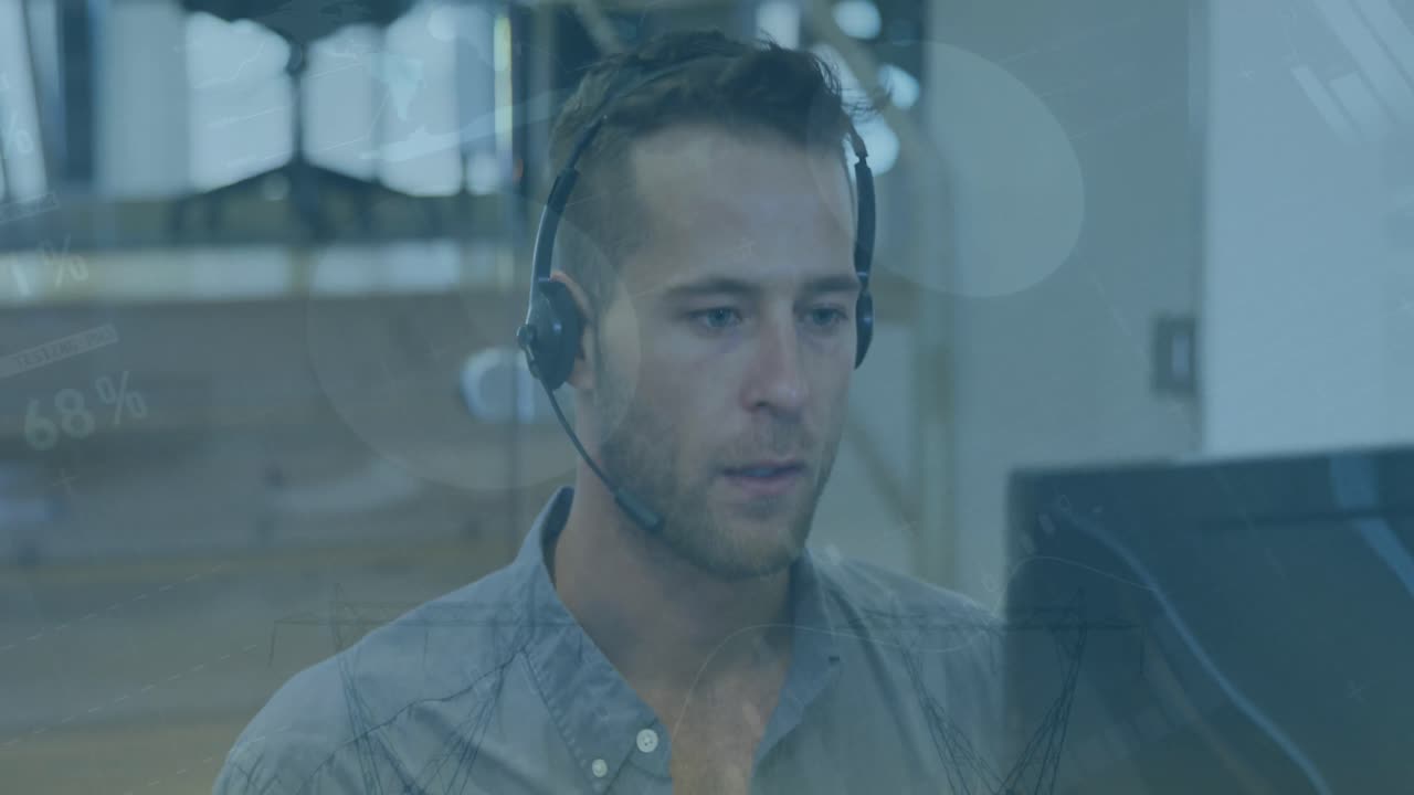 Animation of data processing over caucasian businessman using phone headset in office