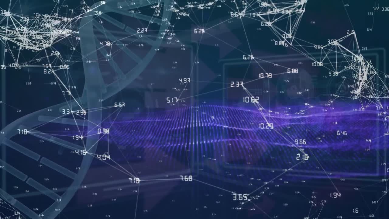 Animation of network of connections over dna strand and data processing on black background