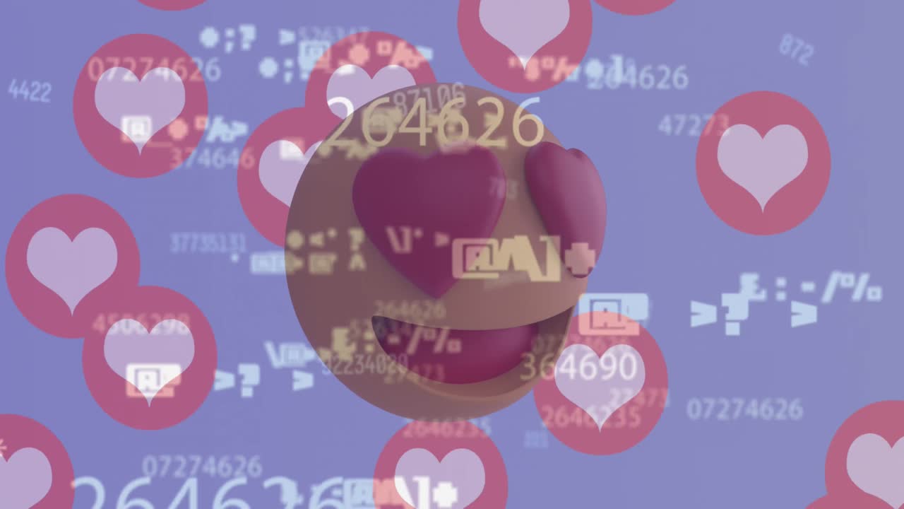 소셜 미디어 아이콘의 애니메이션과 보라색 배경의 데이터 처리