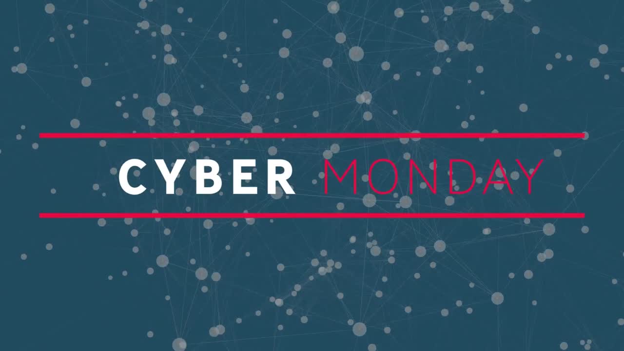 Digital animation of cyber monday text banner against network of connections on blue background