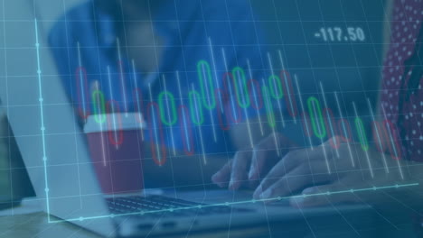 animation of financial data processing over diverse colleagues discussing work in office