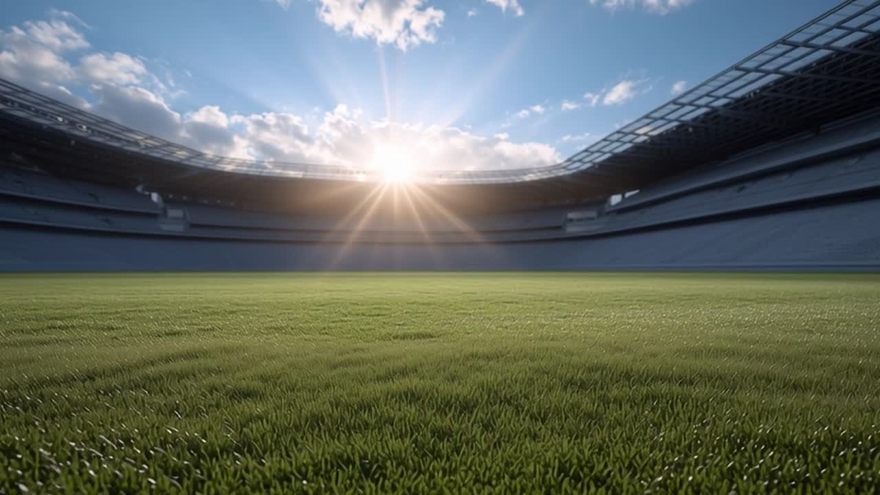 Estádio esportivo vazio com campo de grama verde e sol forte.