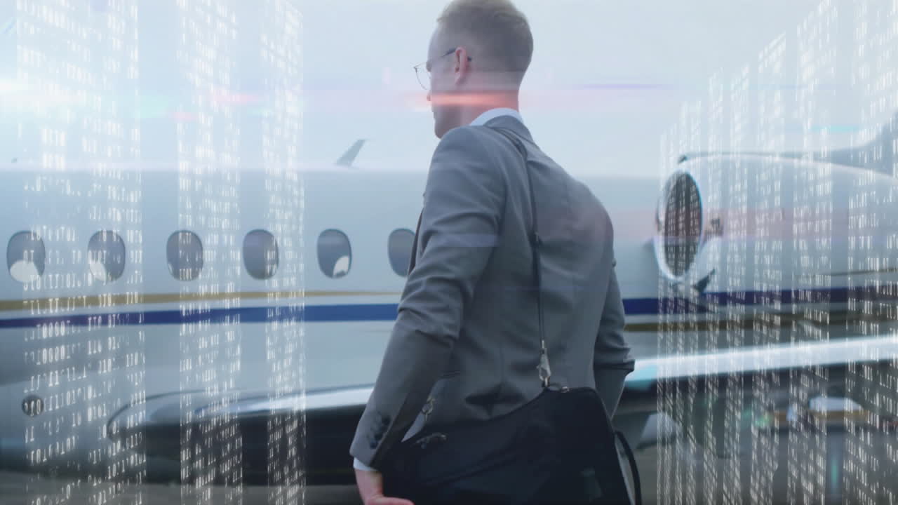 Businessman boarding private jet with digital data processing animation overlay