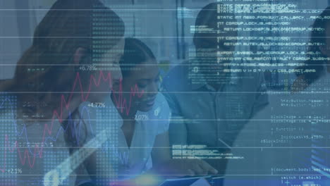 animation of financial data processing over diverse colleagues discussing work in office