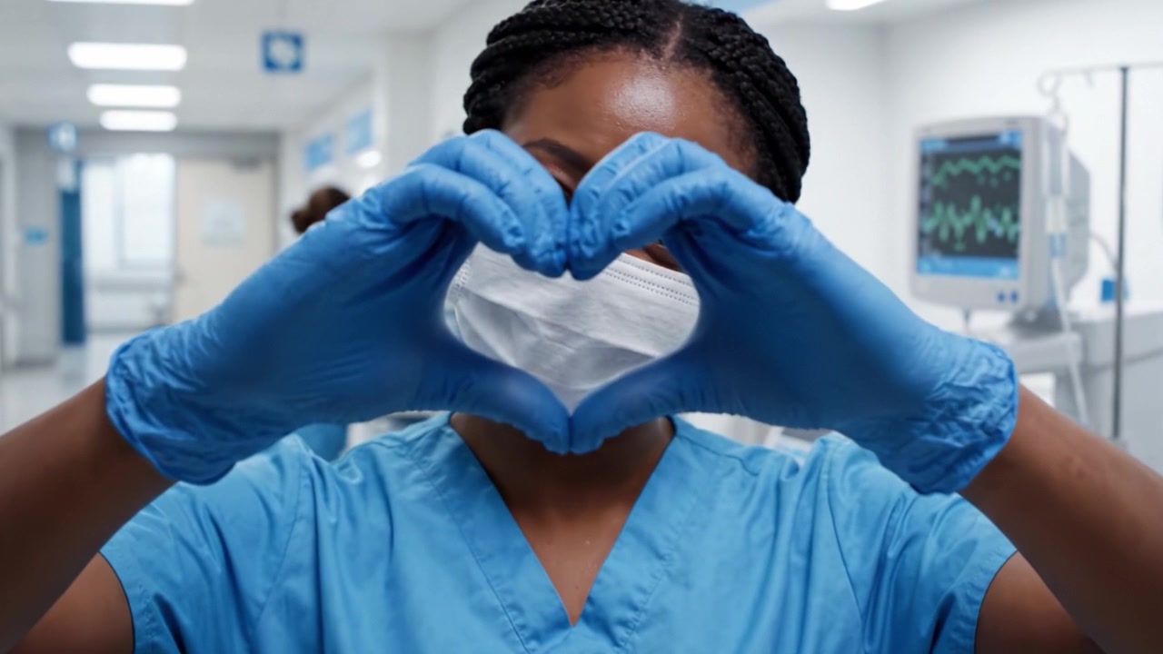 Un professionista medico premuroso in camice e mascherina si erge con sicurezza in un moderno ambiente sanitario, a significare dedizione alla cura e alla sicurezza del paziente