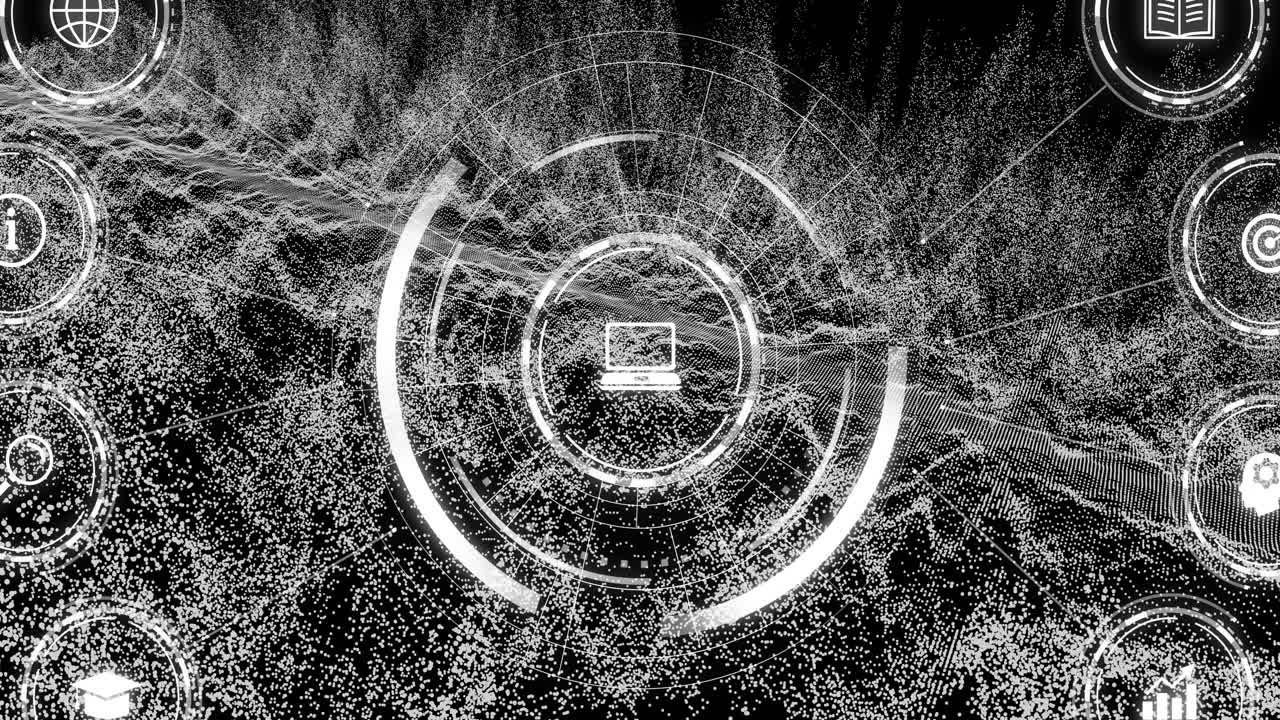 Animation of network of connections with icons on black background