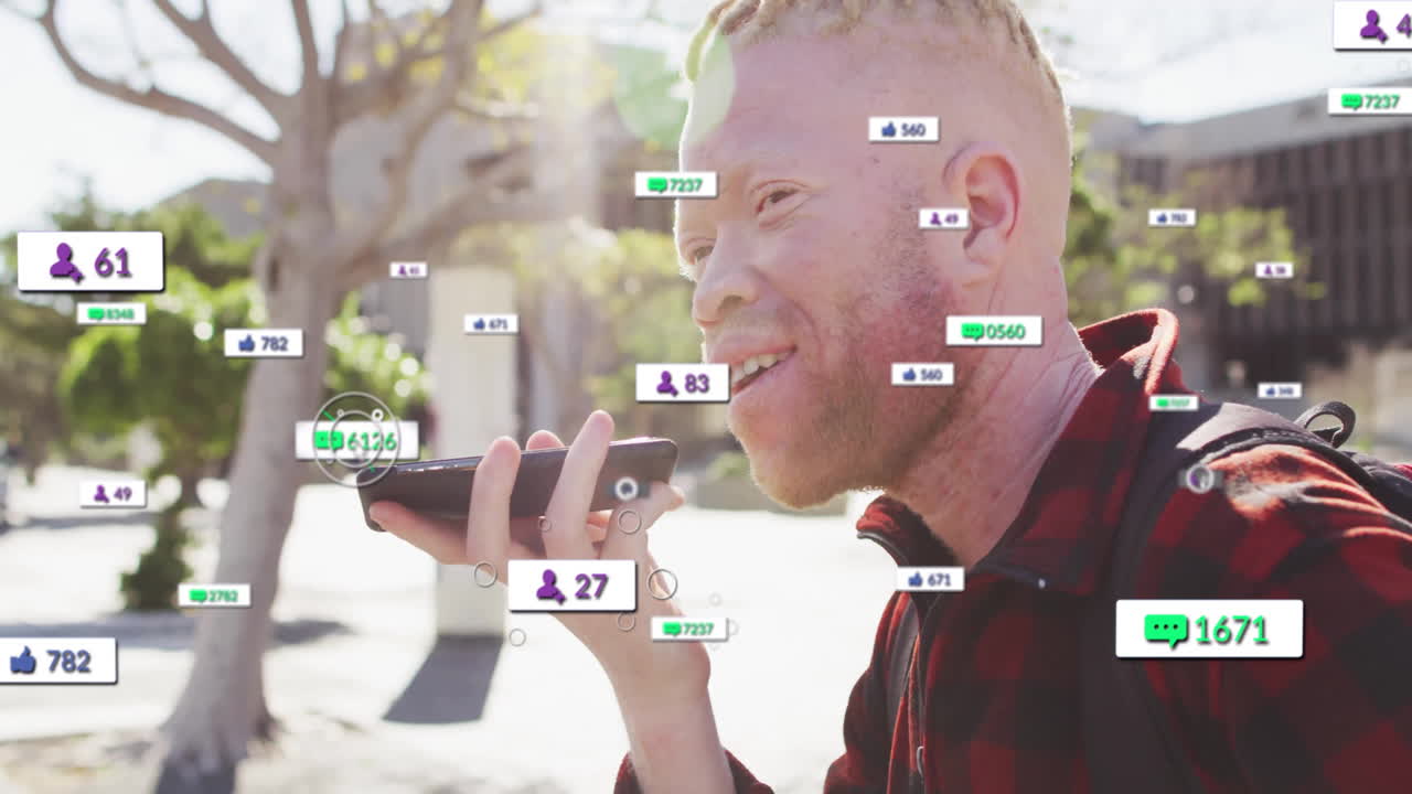 Man using smartphone outdoors with social media notifications overlay animation